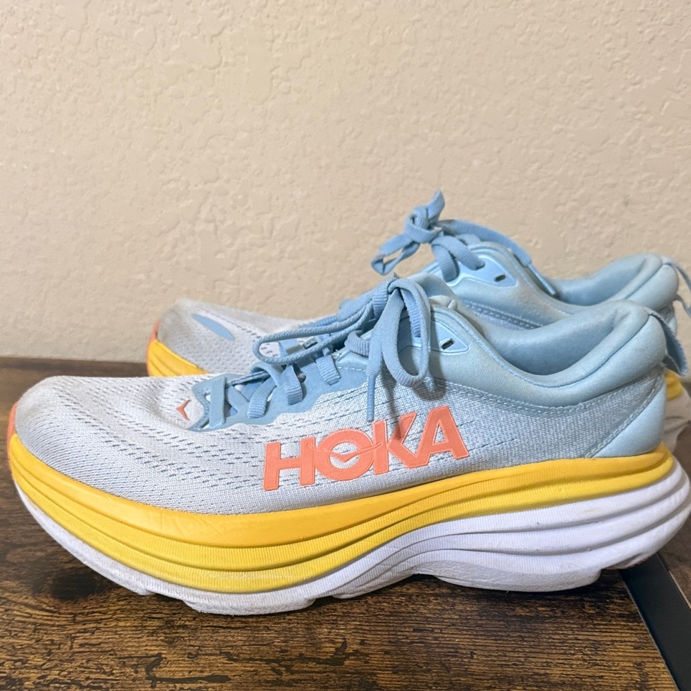 Hoka Light bondi 8 Blue and Yellow Women's Running Shoes - Picture 3 of 7